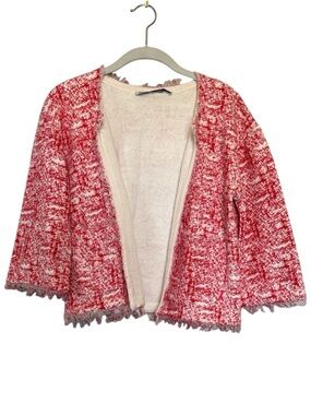 Zara Red and White Cotton Tweed Cardigan